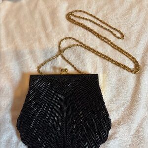 Valerie Stevens Black Beaded Clutch with Gold Chain